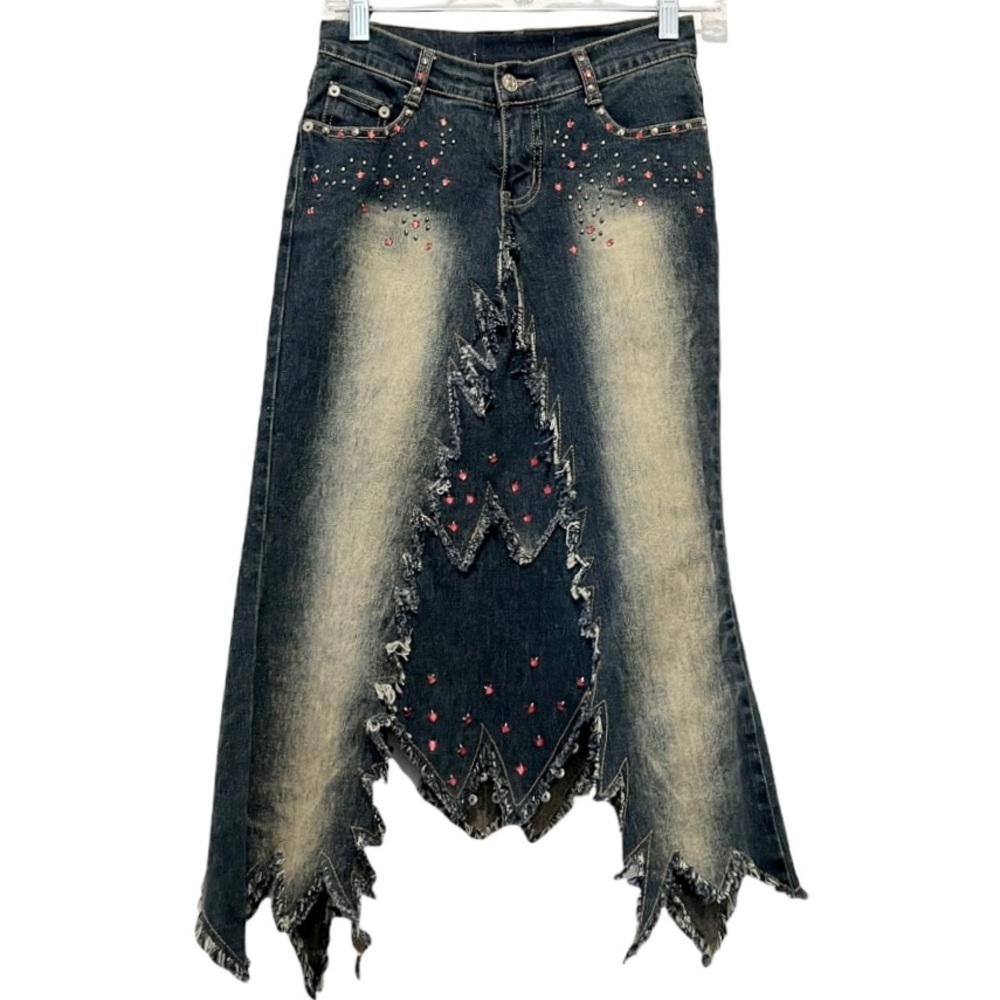 Funky Hand Crafted Denim Jean Skirt Rhinestones Studs Jagged Hem Sz 1